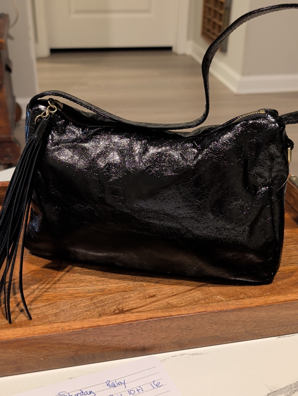 HOBO- Black Patent Leather Shoulder Bag with Tassel- Mini